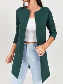 RueChic Solid Flap Detail Open Front Coat - Green - View 2