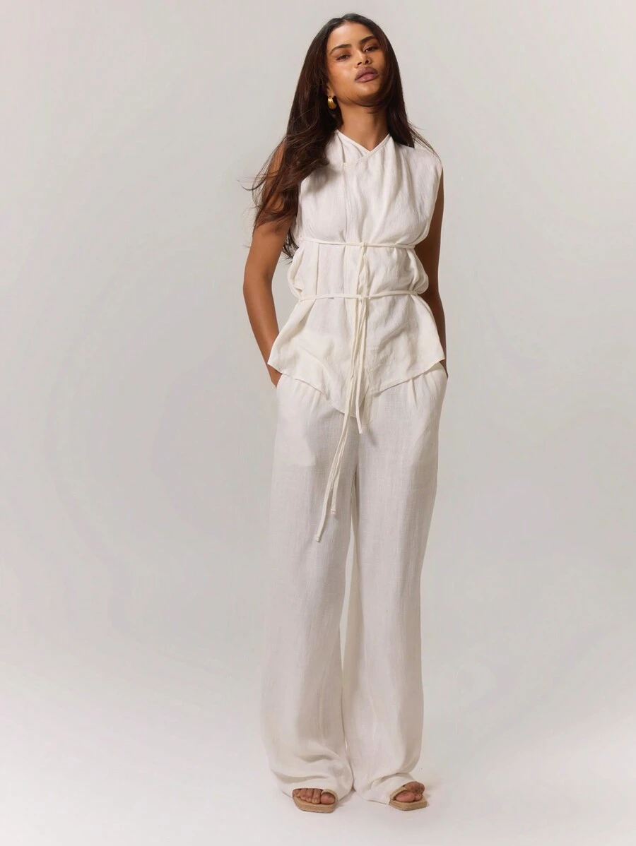 MUSERA 亚麻质感系带上衣，夏季纯色背心，适合节日、春季、复活节、单身派对、新娘派对等场合 - 白色 - 查看 1