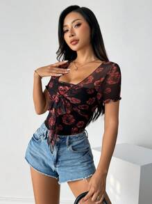 SHEIN Privé Women's Summer Floral Print Short Sleeve Tie Waist Slim Fit Bodysuit - Multicolor - View 3