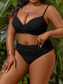 SHEIN Slayr Summer Beach Plus Size Women Solid Color Crossed Sexy Bikini Set For Vacation - Black - View 6