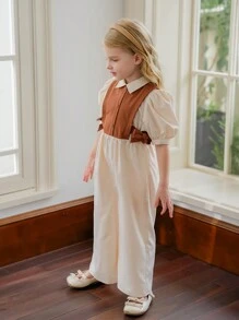 SHEIN 年轻女孩拼色编织立领连体裤，泡泡袖，二合一设计 - 米色 - 查看 5