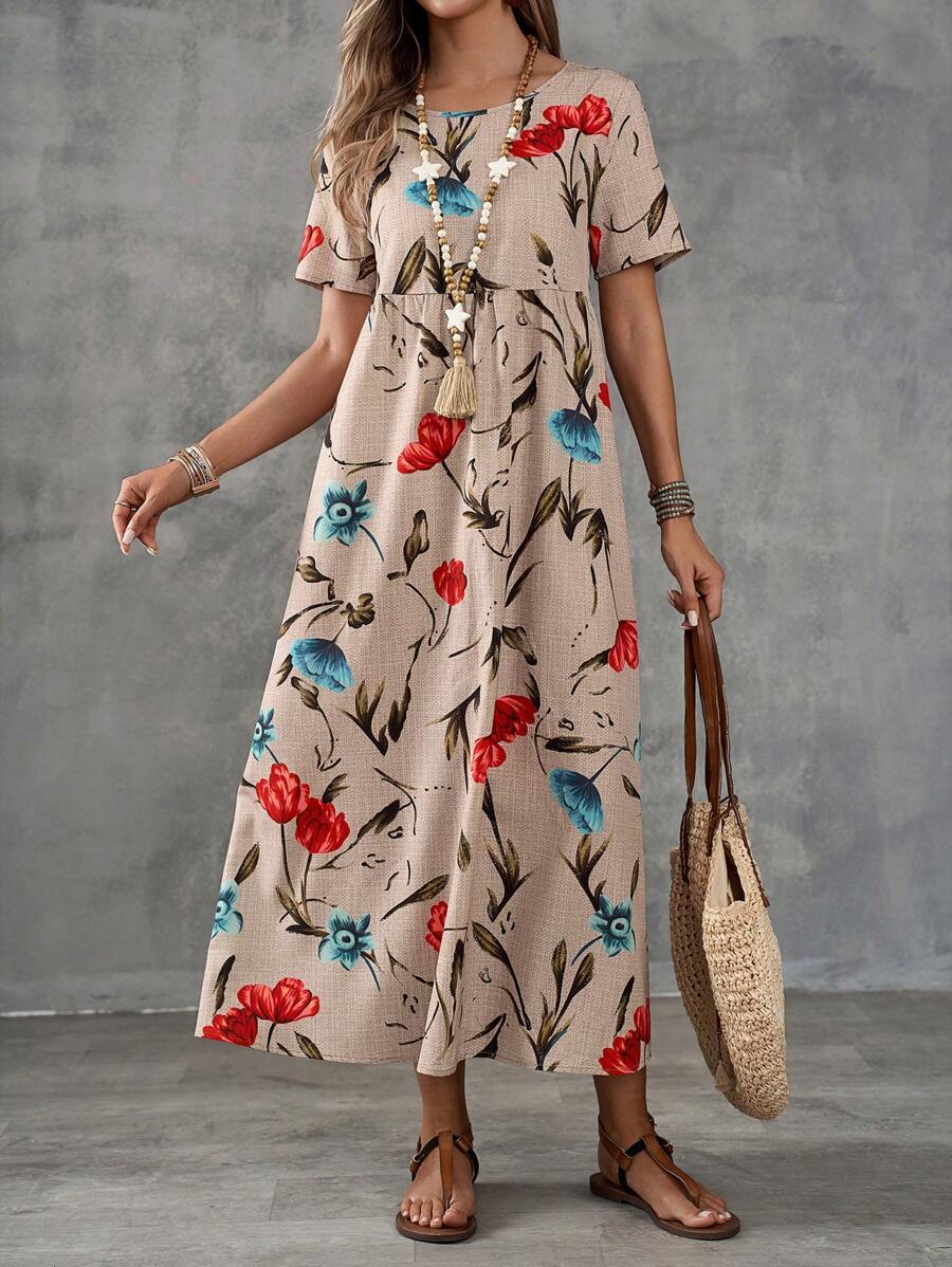 EMERY ROSE Women's Summer Long Dress With Short Sleeves And Large Floral Print.