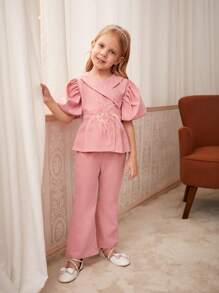 SHEIN Young Girls Solid Color Simple Large Cuff Top Solid Color Pants  2-Piece Outfit Set - Multicolor - View 6