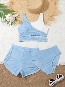 Tween Girl Fashionable Solid Color Bikini Set Separates/Bikini Set (3pcs) Summer Beach - Blue and White - View 1