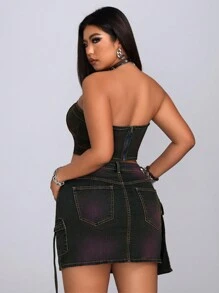 Top de mezclilla sin tirantes unicolor de talla grande y sexy, de unicolor para el verano - Azul - Ver 2