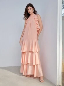 MOTF PREMIUM VESTIDO DE DOBLADILLO EN CAPAS CON VOLANTES SÓLIDOS - Rosa - Ver 5