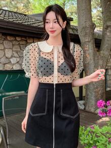 DAZY 波尔卡圆点网眼撞色短袖衬衫，彼得潘领，前襟纽扣，女式，褶边透视 - 杏色 - 查看 4