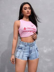 SHEIN EZwear Women's Slim Fit Mini Denim Shorts With Cargo Pockets, Summer
