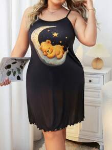 Plus Size Gấu In Hình Bình Thường Hàng Ngày Spaghetti Dây Đầm Ngủ Pyjama Dress - màu đen - Xem 4