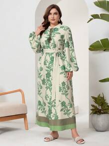 Mulvari 大尺碼燈籠袖花卉腰帶連衣裙，深V領口系帶，非常適合度假 - 彩色 - 查看 1