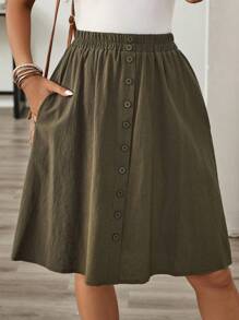 EMERY ROSE Linen Summer Women's Solid Color Simple Daily Button Decorated Skirt - Army Green - View 7