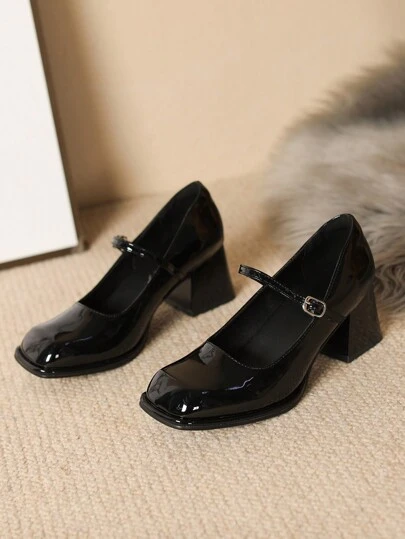Women Small Size Mary Janes Leather Pumps & Chunky Heels, Square Toe, Vintage Shiny Metallic Black Mirror Material, School Girl Style, Gorgeous High Heel Pumps