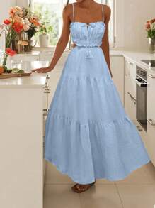 Breezaya Vestido largo de verano de unicolor con tirantes, volantes en el dobladillo, sin mangas y con adornos de pliegues para mujer - Celeste - Ver 2