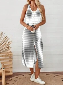 SHEIN LUNE Váy không tay sọc đơn giản có nút trang trí và viền xẻ tà dành cho nữ - Đen và trắng - Xem 3