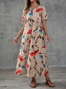 EMERY ROSE Women's Summer Long Dress With Short Sleeves And Large Floral Print.