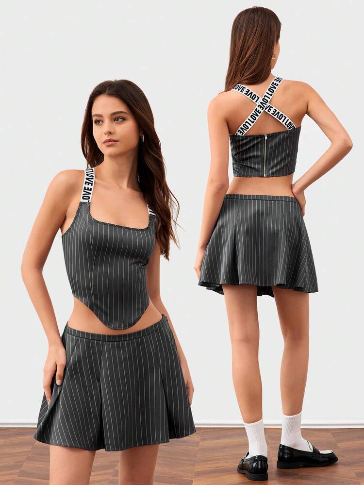 Letter Shoulder Strap Sleeveless Vest Pleated Skirt Without Elasticity Grey Stripe Athletic Style Two-Piece Set