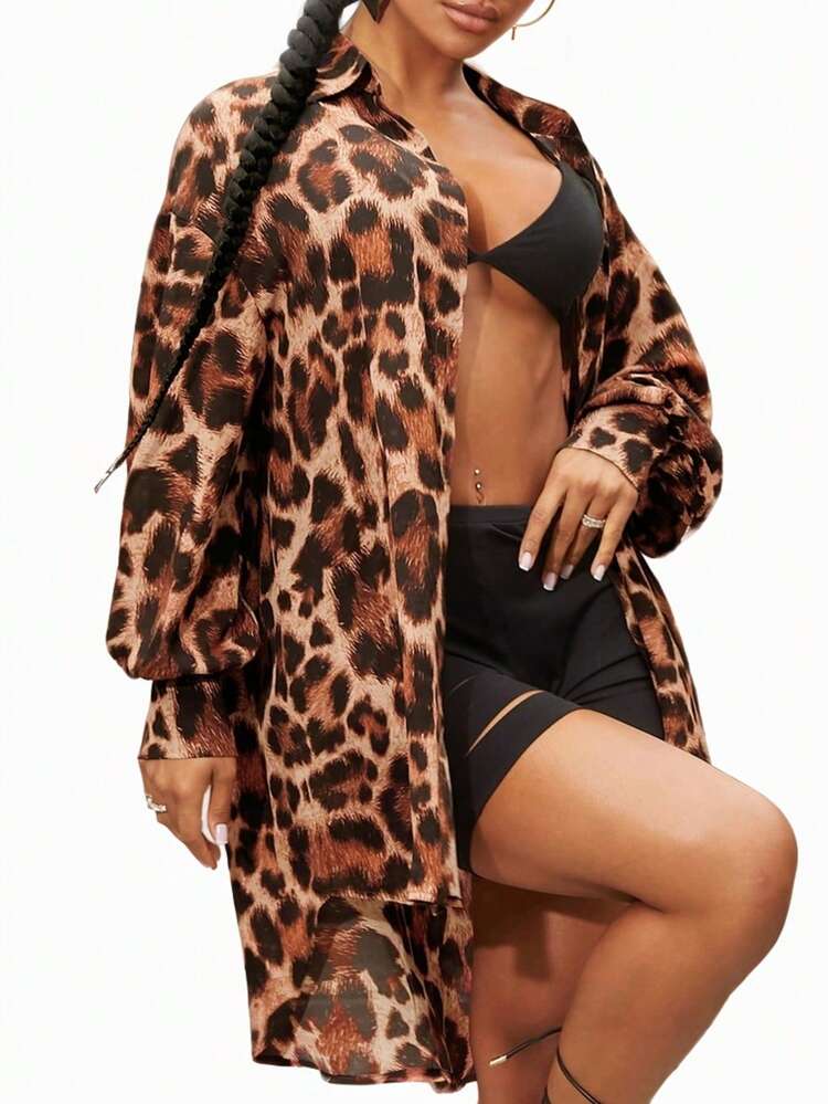 Summer Lightweight See-Through Printed Vacation Shirt, Leopard Print Beach Cover Up