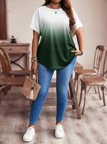 EMERY ROSE Camiseta de verano holgada para mujeres de talla grande con degradado de color y dobladillo curvo - Verde militar - Ver 4