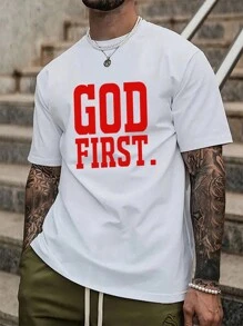 男士夏季口号印花圆领短袖休闲 T 恤 - 白色 - 查看 5