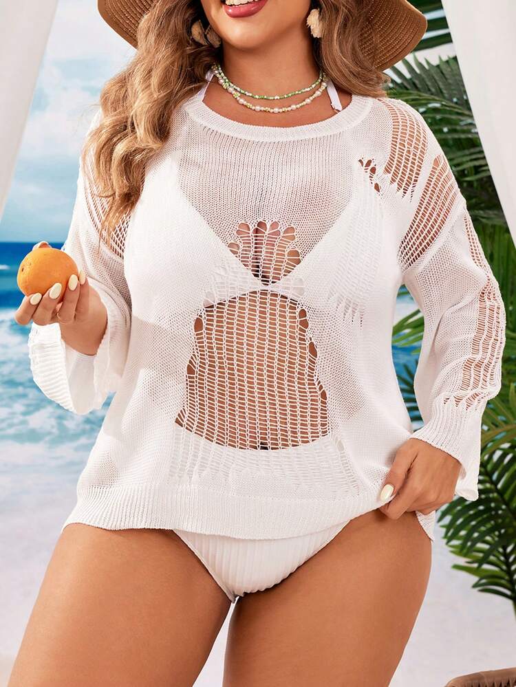 Plus Size Summer Beach Hollow Out Knit Drop Shoulder Cover-Up For Holiday, Solid Color
