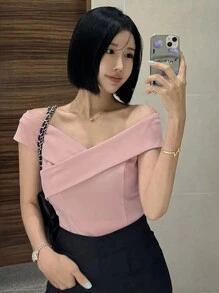 DAZY Ladies' Off Shoulder Slim Fit Top - Pink - View 3