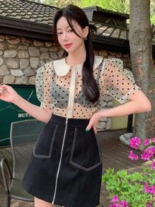 DAZY 波尔卡圆点网眼撞色短袖衬衫，彼得潘领，前襟纽扣，女式，褶边透视 - 杏色 - 查看 6