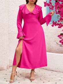 SHEIN Clasi Fashionable Plus Size Women Lotus Collar Side Slit Dress - Hot Pink - View 1