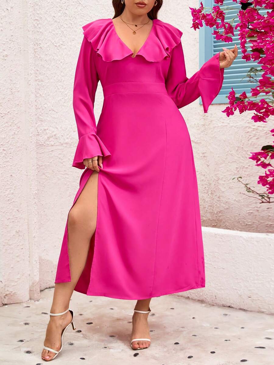 SHEIN Clasi Fashionable Plus Size Women Lotus Collar Side Slit Dress - Hot Pink - View 1