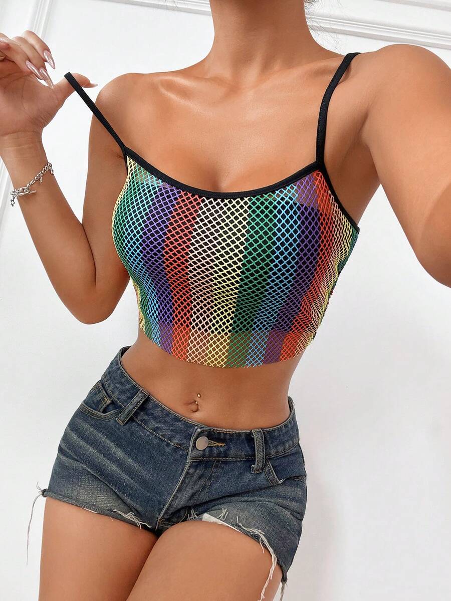 SHEIN EZwear Top corto de malla de red arcoíris de moda de verano para mujeres - Multicolor - Ver 1