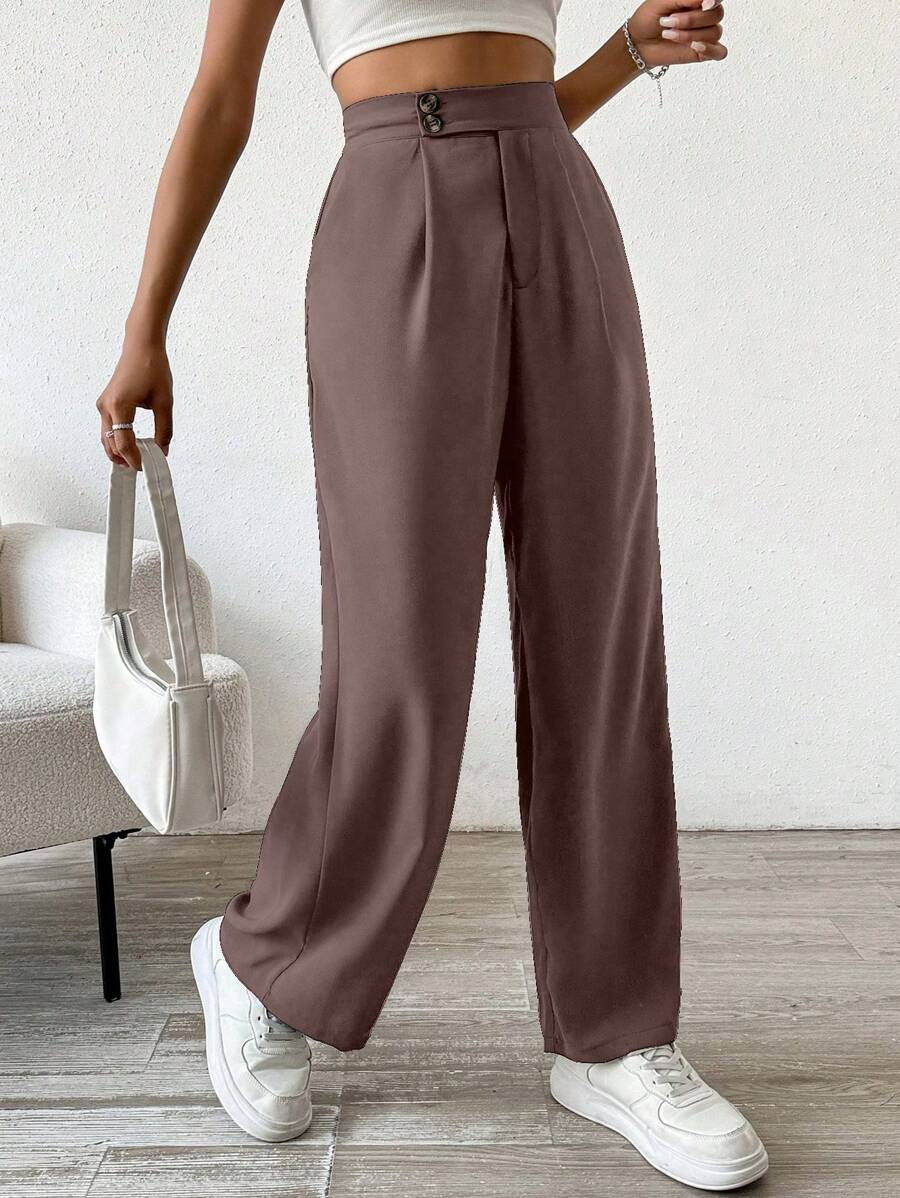 SHEIN Unity 女士純色寬腿百褶寬鬆休閒日常工作長褲 - 駝色 - 查看 1