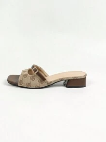 Sandalias de tacón alto para mujer de primavera/verano, tacones gruesos y bajos de moda, zapatillas de estilo hada con bloque de color y punta cuadrada, sandalias impresas para la playa y uso casual, sandalias de trabajo y transporte para mujer - Multicolor - Ver 4