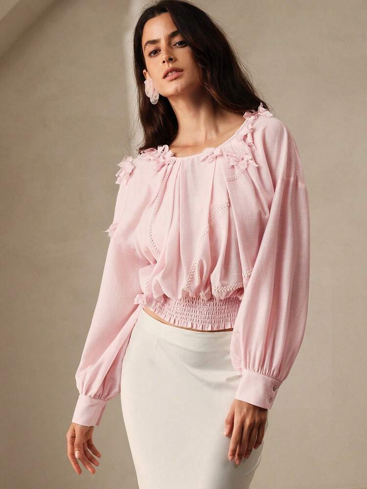 Women's Spring/Summer Solid Color Loose Elegant Blouse With 3D Flower Decoration And Batwing Sleeves
