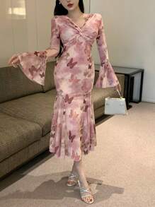 DAZY 女士夏季优雅雪纺蝴蝶印花扭曲 V 领喇叭袖美人鱼礼服舞会礼服 - 粉色 - 查看 3