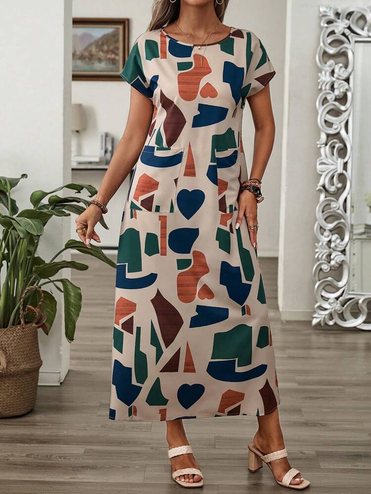 Women's Random Printed Round Neck Short Sleeve Dress