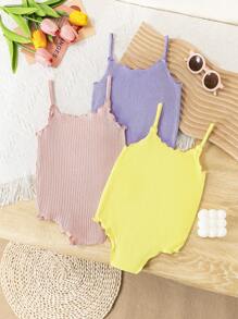 SHEIN LMoss Baby Girl 3pcs Baby Girl Colorful Knitted Elastic Solid Color Bodysuit, Sleeveless Camisole Bodysuit, Suitable For Summer, Can Be Buttoned - Multicolor - View 2