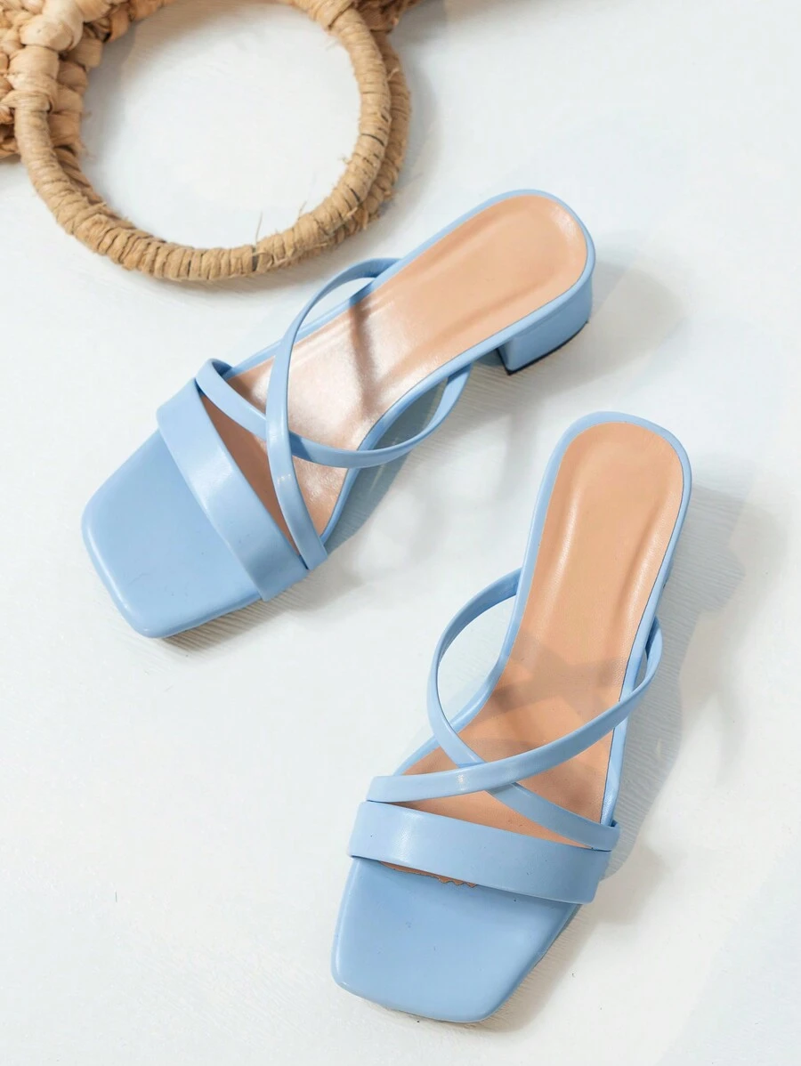 Women Blue High Heel Sandals With Open Toe, Chunky Heel & Elegant Mule Style PU Leather Shoe With Straps,Spring Summer Outfits - Blue - View 1