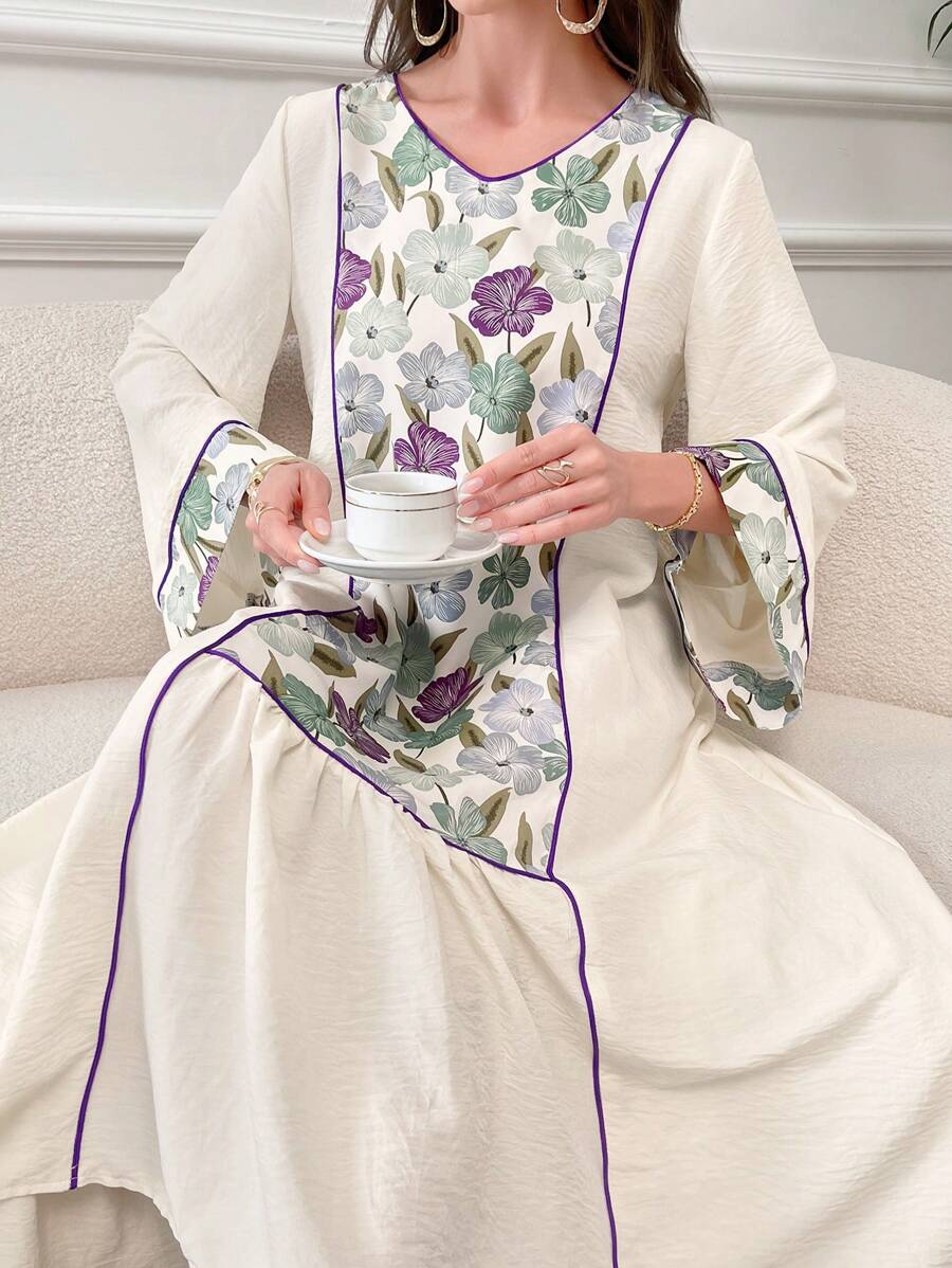 Al Najma 女士优雅阿拉伯花卉印花长袖拼色饰边连衣裙,全长 Jalabiya,休闲长袖连衣裙 - 彩色 - 查看 1