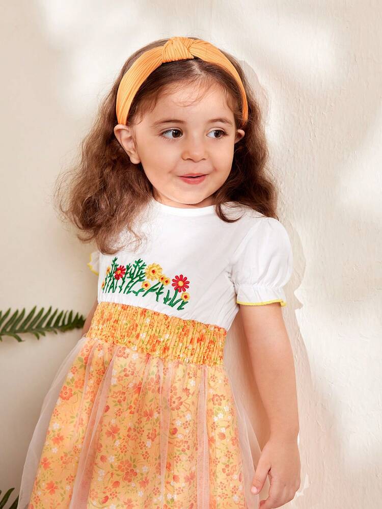 Baby Girl Yellow Floral Print Embroidered Mesh Conservative Cute Elegant Cute Gorgeous Everyday Casual Dress For Summer