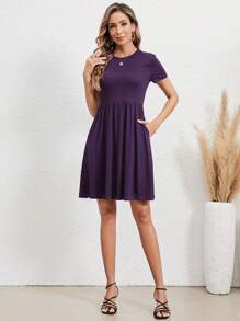 EMERY ROSE Women's Simple Solid Color Short Sleeve Dress - Purple - View 5