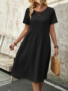 EMERY ROSE Women's Spring Round Neck Short-Sleeve Dress With Pockets And Doll Pattern
