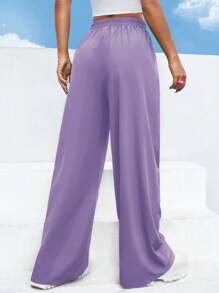 EURMUSE Solid Elastic Waist Straight Leg Pants - Lilac Purple - View 2