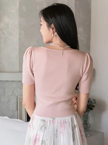 DAZY 女士純色簡潔日常拼接針織上衣 - 粉色 - 查看 5