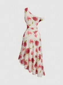 SHEIN MOD 女性花卉不對稱針織網眼印花緊身連身裙，帶有肩部、腰部和下擺褶皺 - 彩色 - 查看 2