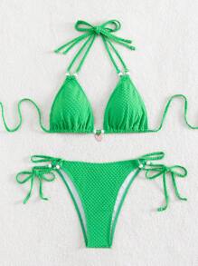SHEIN Swim Solid Color Halter Neck Back-Tie Bikini Top With Side-Tie Triangle Bottom Set, Perfect For Beach And Pool Wear,Summer Beach - Green - View 1