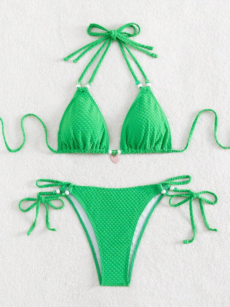 Solid Color Halter Neck Back-Tie Bikini Top With Side-Tie Triangle Bottom Set, Perfect For Beach And Pool Wear,Summer Beach