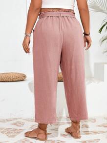 SHEIN Frenchy Damen Große Größen Hose aus Baumwoll-Musselin in einfarbigem Design mit Falten und elastischem Bund und großen Taschen, Caprihose - Pink - Übersicht 2