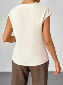 Firerie Camisa elegante para mujer con mangas cortas tipo gorra y plisados, de unicolor y corte ajustado para el trabajo - Albaricoque - Ver 2