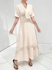 Modelyn Ladies' Solid Color Cross Wrap Shawl Collar Elegant Dress For Summer