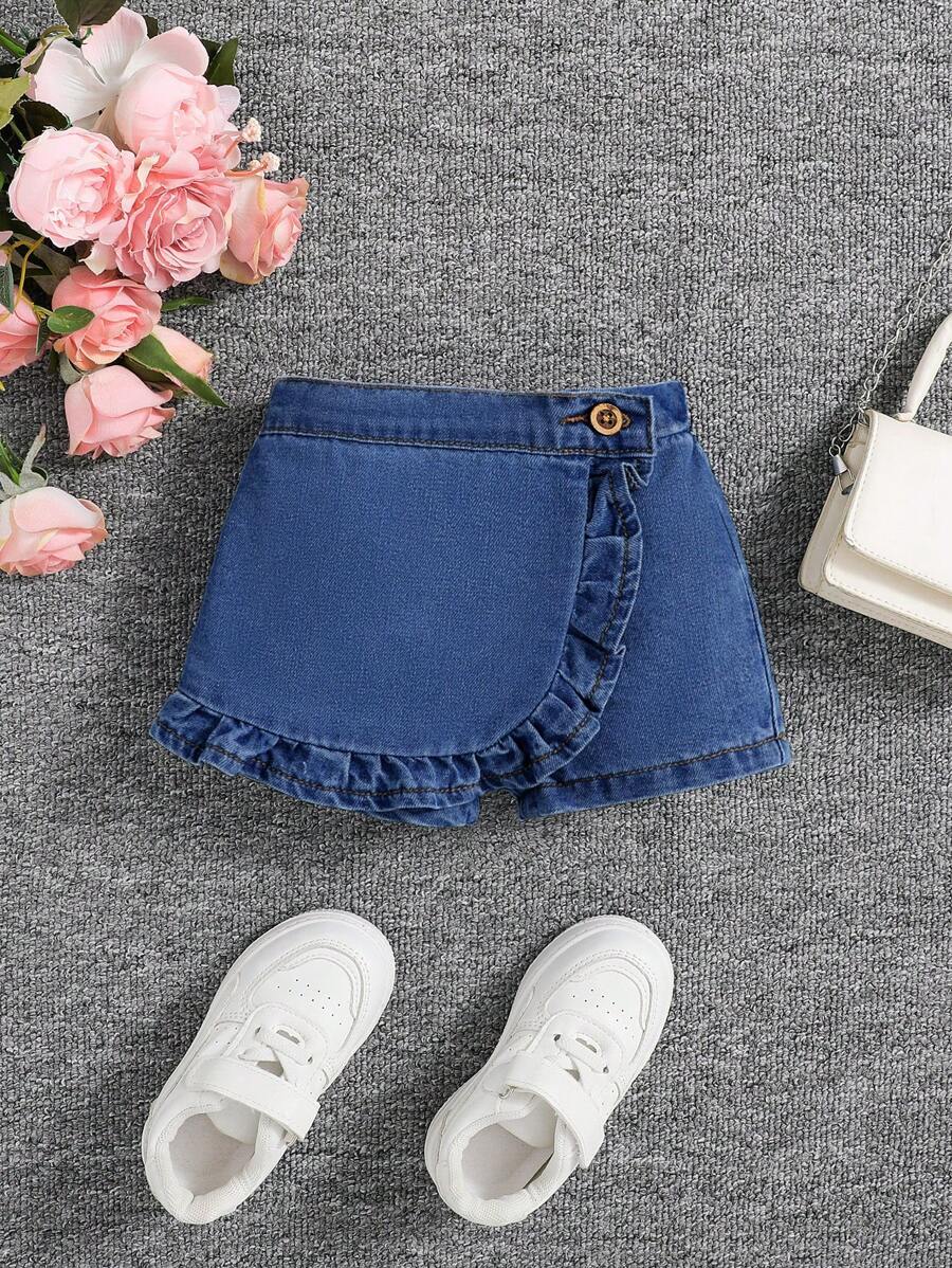 Bé Gái Xuân Hè Boho Dễ Thương Xù Viền Quấn Lưng Thun Mềm Mại Thoải Mái Denim Skorts Quần Short Jean - Rửa tối - Xem 1