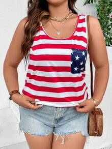 Flirla Plus Size Star Striped Colorblock Sleeveless Tank Top - Multicolor - View 5